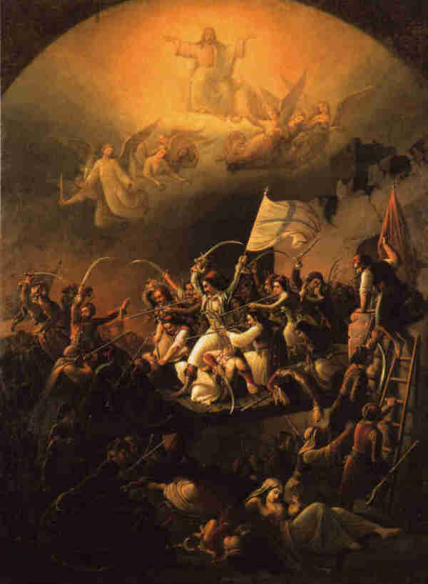 Der Exodus der Belagerten von Mesolongi, Gemälde von Theodoros Bryzakis, 1853 (169:127 cm, Nationalgalerie Athen 